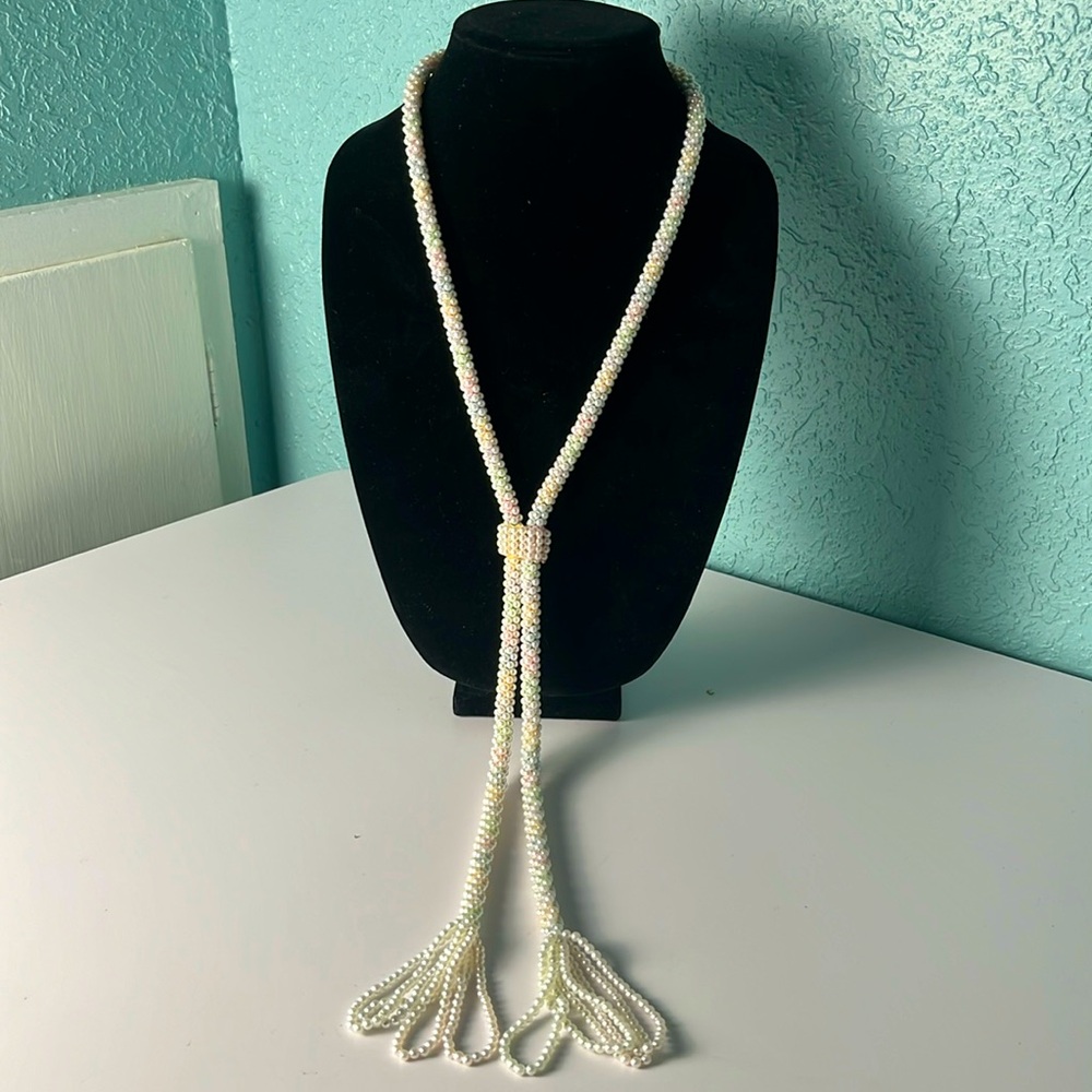 Faux pearl rope necklace with faux pearl slide